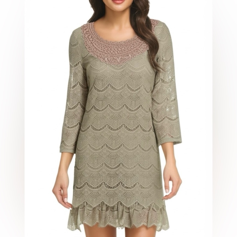 Style & Co Lace Overlay Ruffle Hem Long Sleeve Mini Dress Tan S Cocktail Party - Picture 15 of 15